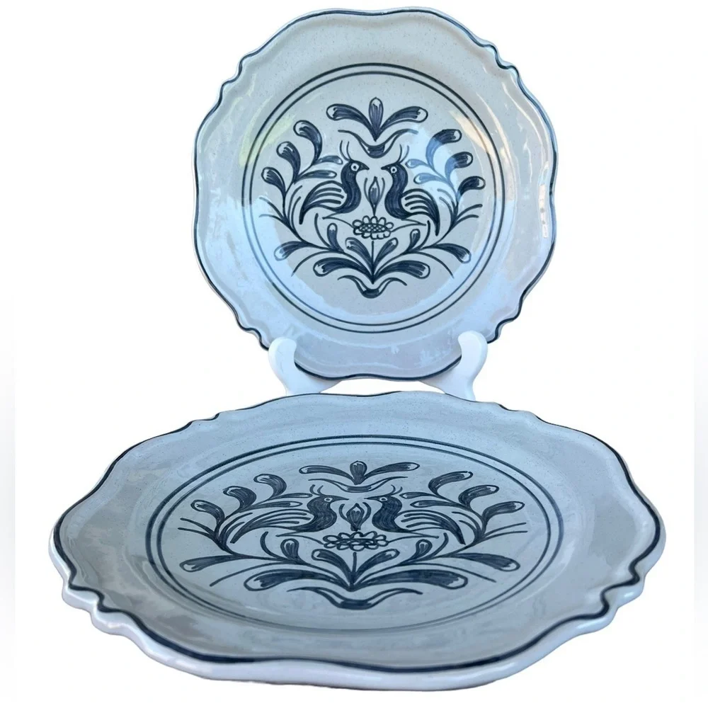 Vintage Rolf Tiemroth Norway Blue Birds Hand Painted Dinner Plate Set Signed 10”